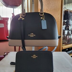 Coach Mini Sierra Colorblock Satchel In Midnight Navy/Taupe + Wallet - *Preowned
